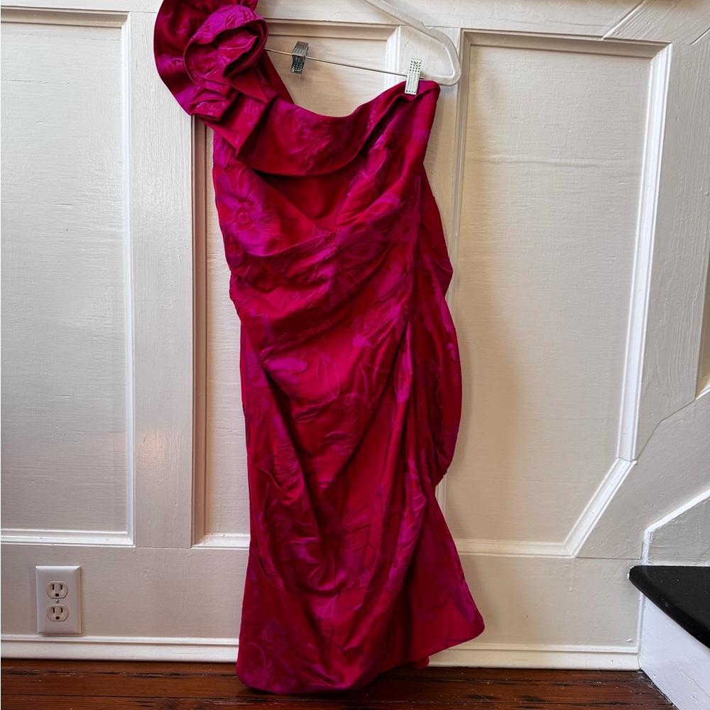 Rickie Freeman for Teri Jon Pink Asymmetrical Ruched Gown